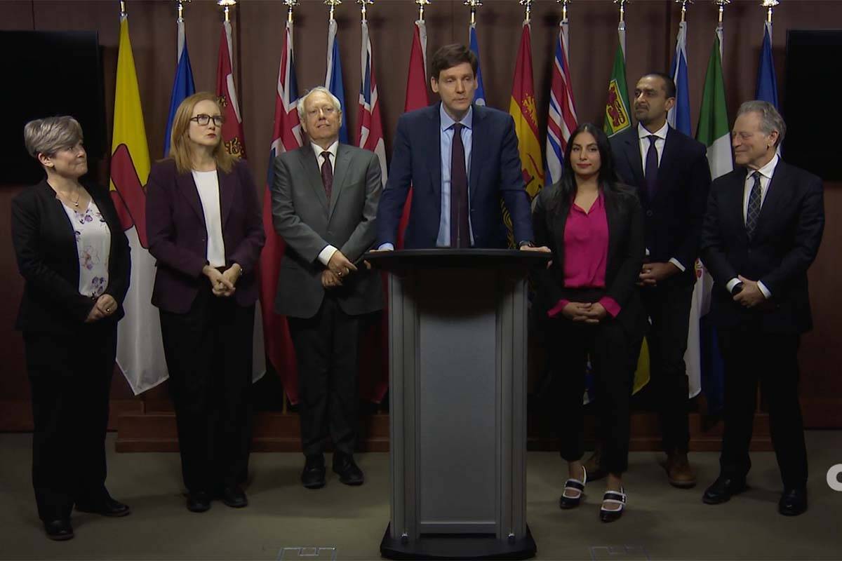 Premier David Eby (centre) was joined by Minister of Energy, Mines, and Low Carbon Innovation Josie Osborne, Minister of Jobs, Economic Development and Innovation Brenda Bailey, Minister of Indigenous Relations and Reconciliation Murray Rankin, Attorney General Nikki Sharma, Minister of Housing Ravi Kahlon and Minister of Environment and Climate Change George Heyman.