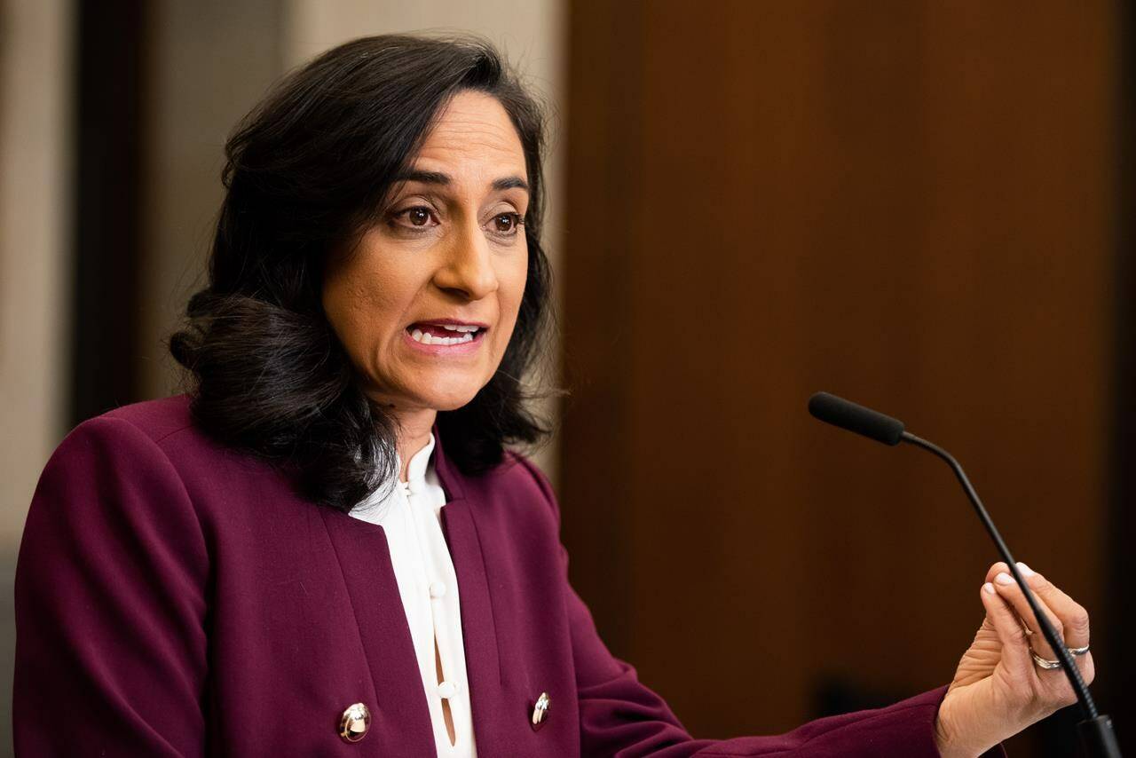 Minister of National Defence Anita Anand holds a media availability on Parliament Hill in Ottawa, on Thursday, Jan. 26, 2023. The Canadian government says it has sent one of its military planes to Haiti to help the country cope with escalating violence. THE CANADIAN PRESS/Spencer Colby