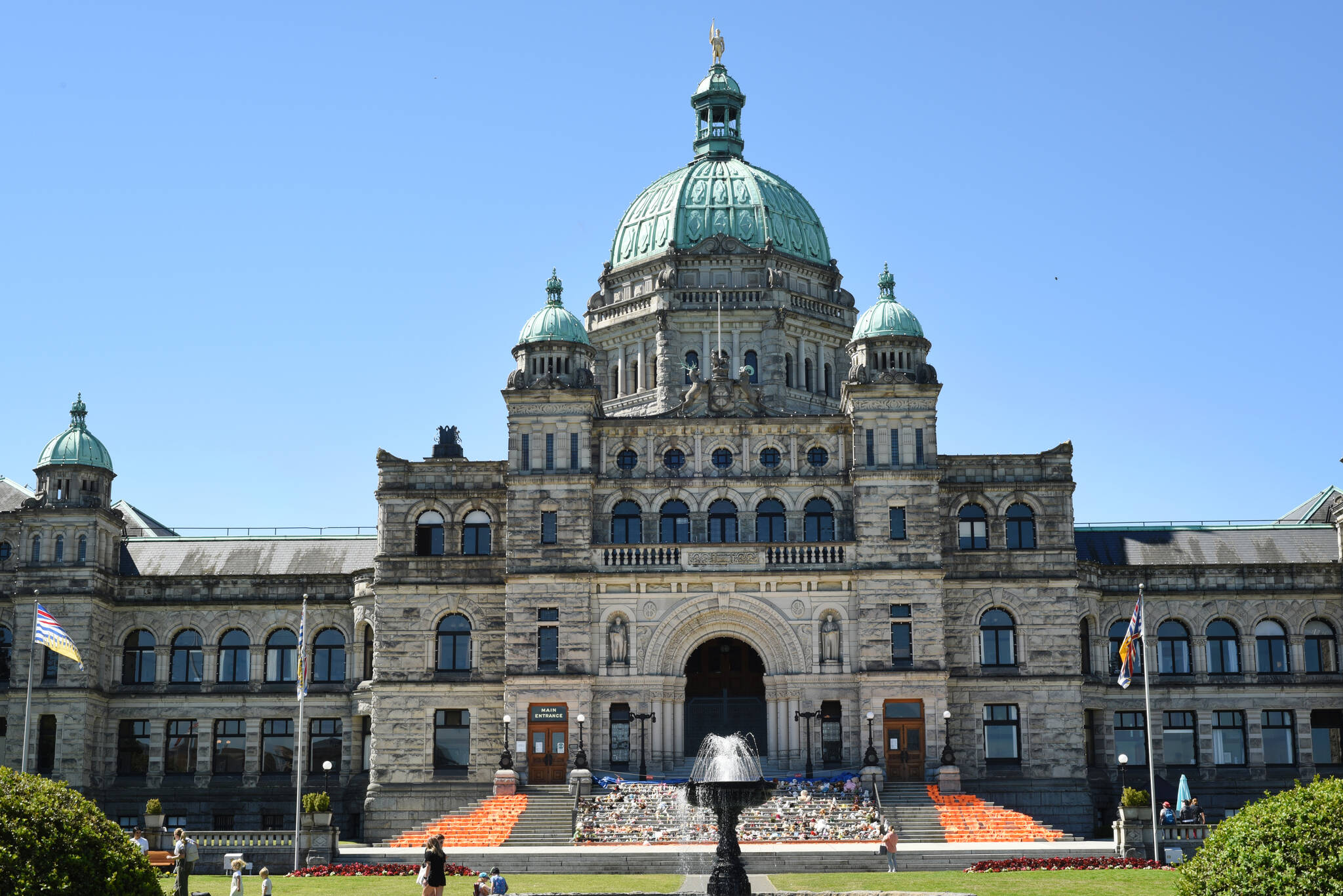 June 21, 2021 - The front of the BC Legislature’s Parliament building designed by architect Frances Rattenbury. Don Denton photograph