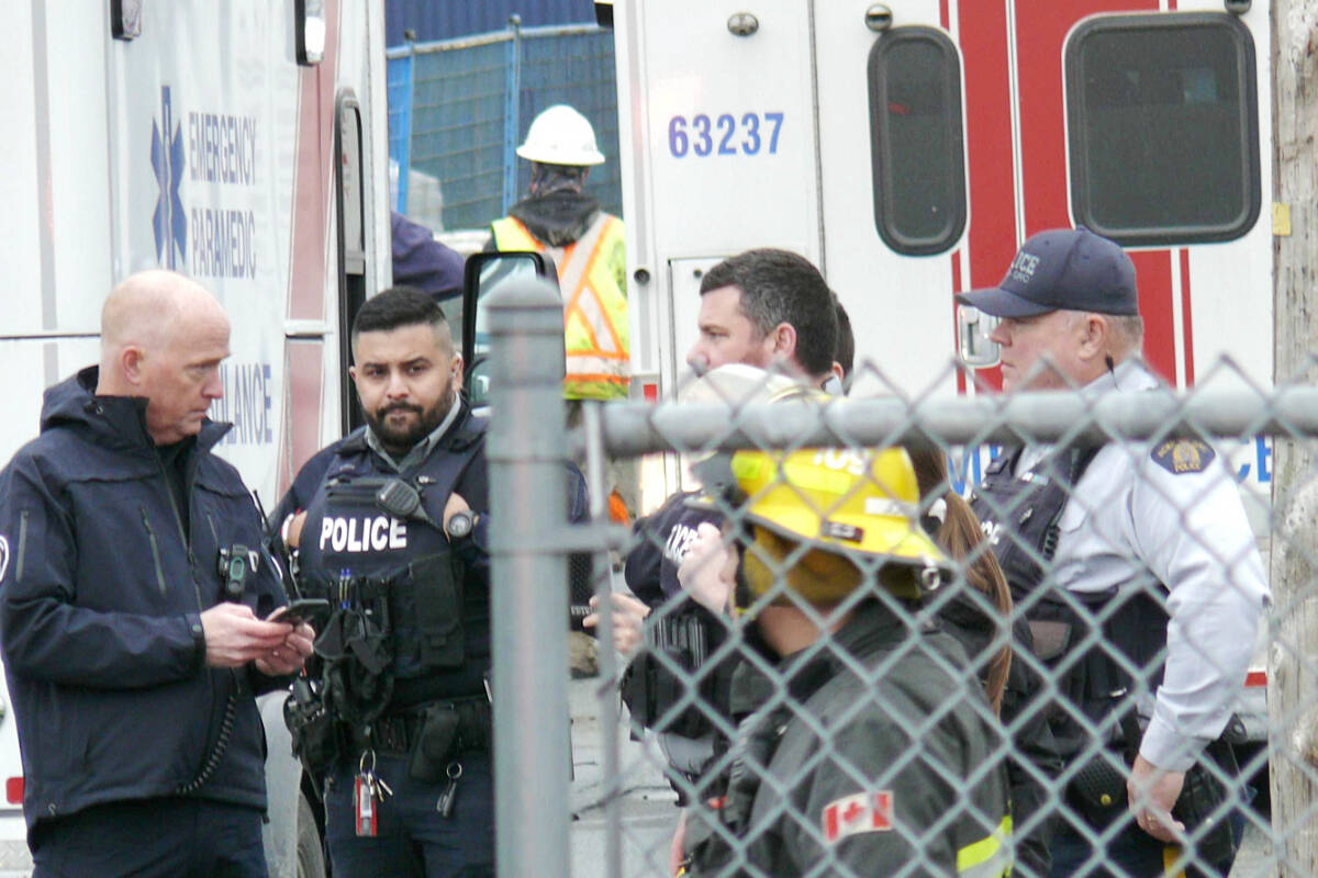 First responders at the scene of a wall collapse on a construction site in Aldergrove on Monday, Feb. 6. (Dan Ferguson/Langley Advance Times files)