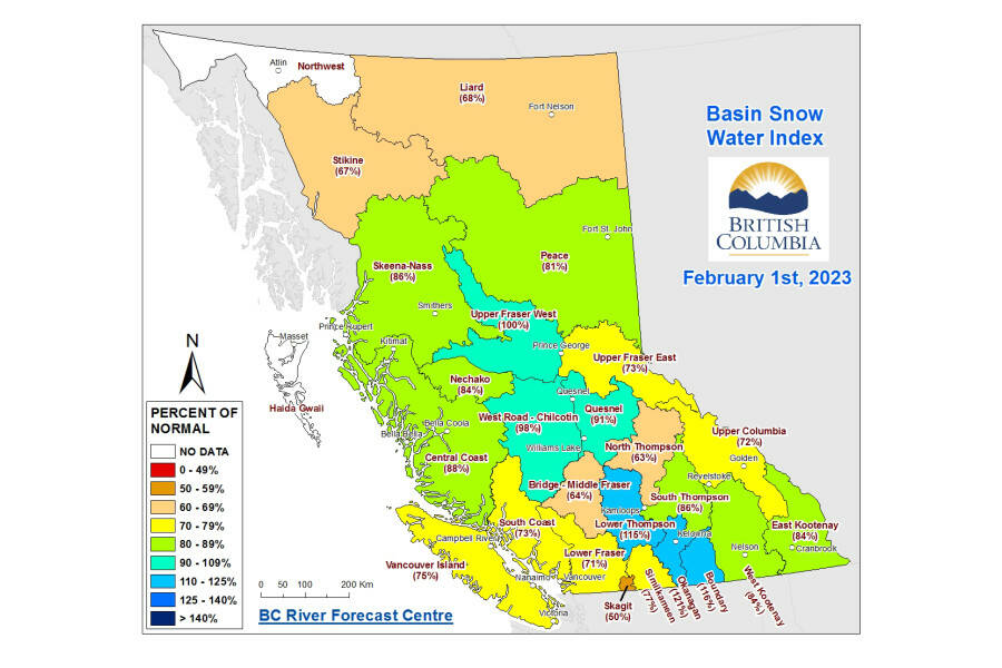In much of British Columbia, the snow measurements as of Feb. 1 are significantly below normal. (BC River Forecast Centre image)