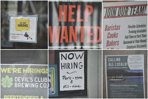 This combination photo shows hiring signs in the windows of businesses in downtown Juneau this spring. As of Wednesday, the City and Borough of Juneau has 23 open employment positions, some with multiple vacancies within them according to the CBJ website. (Peter Segall/ Juneau Empire)