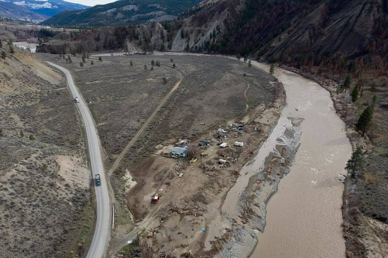 A property affected by the November flooding of the Nicola River is seen along Highway 8 on the Shackan Indian Band, northwest of Merritt, B.C., on Thursday, March 24, 2022. THE CANADIAN PRESS/Darryl Dyck