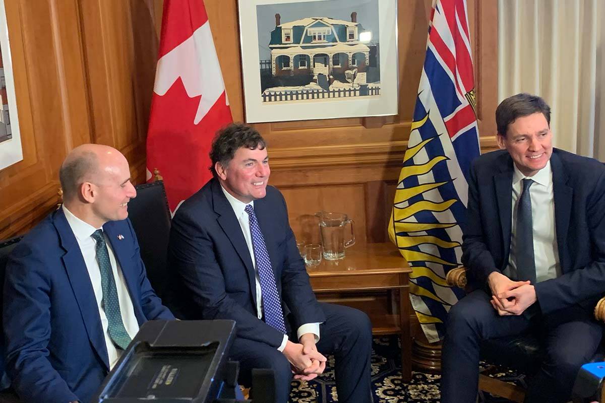 Premier David Eby (right) during a news conference Tuesday morning with the federal health minister Jean-Yves Duclos and federal minister of intergovernmental affairs, infrastructure and communities Dominic LeBlanc. (Wolf Depner/News Staff)