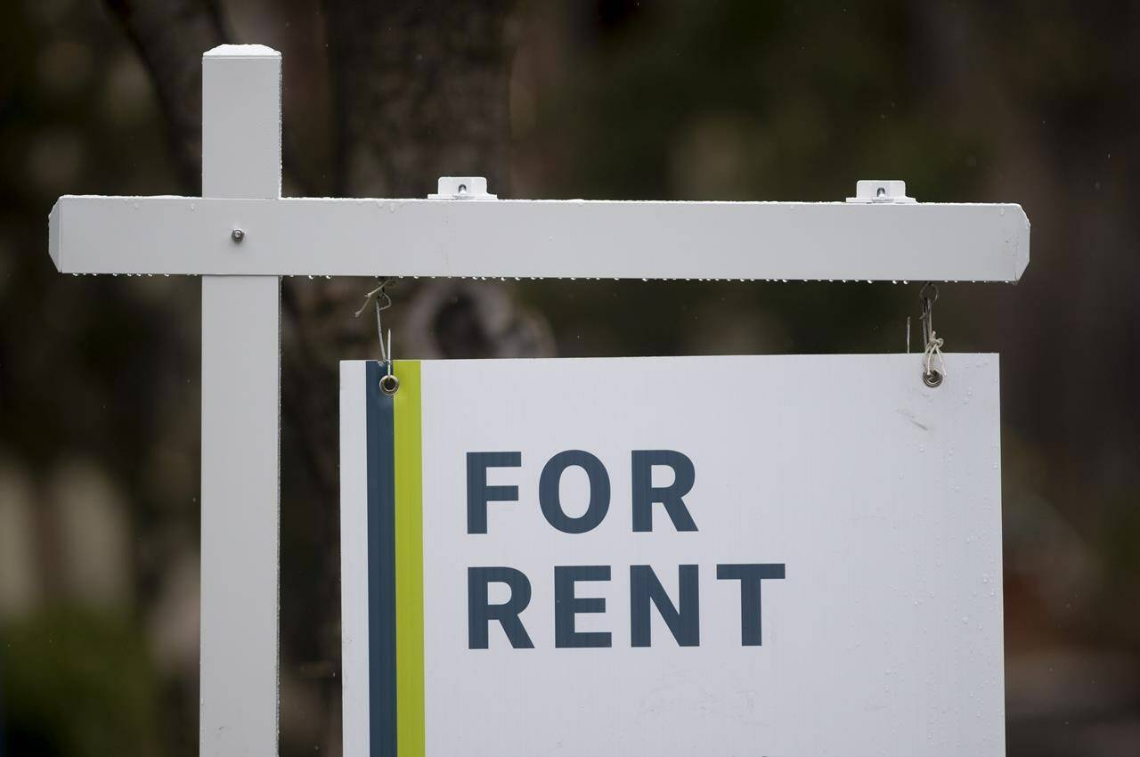 A rental sign is seen outside a building in Ottawa, Thursday, April 30, 2020. A new report says the average listed rent for all property types in Canada jumped by 10.7 per cent year-over-year in January, the ninth straight month for double-digit increases.THE CANADIAN PRESS/Adrian Wyld