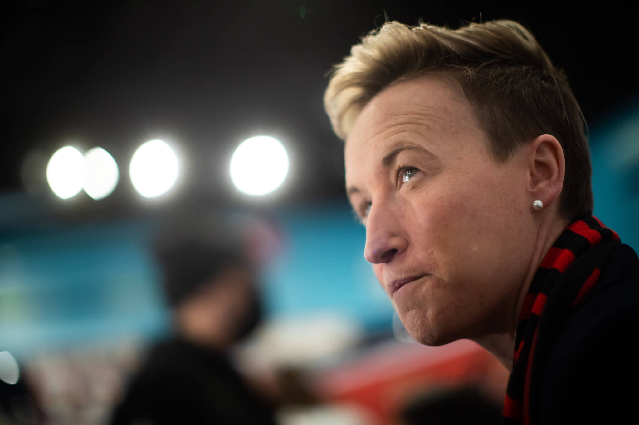 Canada women’s national soccer team head coach Bev Priestman pauses while responding to questions after an announcement, in Vancouver, on Wednesday, March 16, 2022. THE CANADIAN PRESS/Darryl Dyck