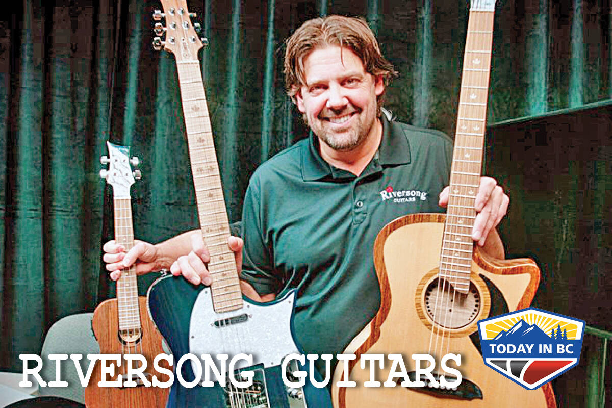 Riversong Guitars owner Mike Miltimore with a P2P River Pacific acoustic guitar, a Y2 electric Telecaster-style guitar and a Pacific ukulele. For this photo, Miltimore received a little help from his right-hand man, Greg the Engineer. (Dave Eagles Photo)