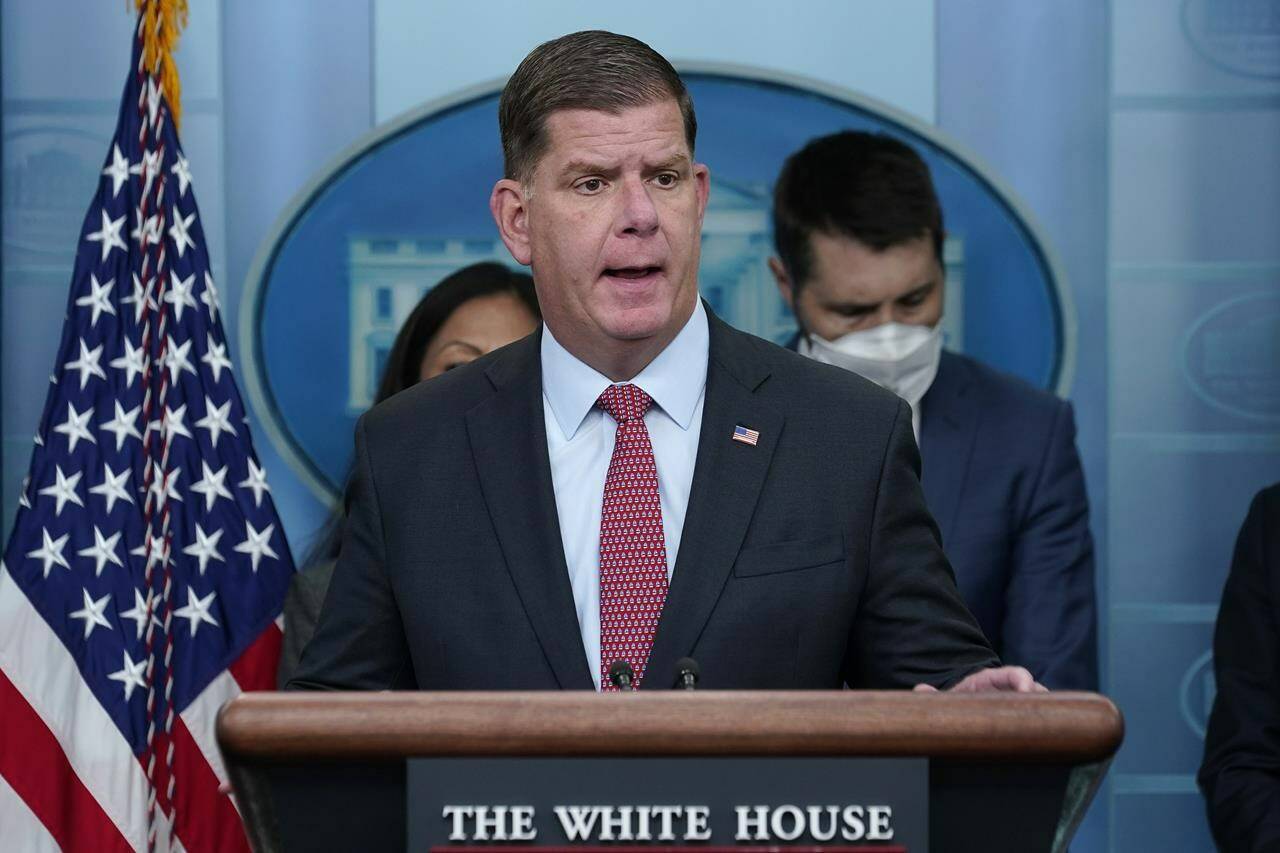 FILE - Labor Secretary Marty Walsh speaks during a briefing at the White House in Washington, May 16, 2022. Walsh is among those on the shortlist to succeed White House chief of staff Ron Klain, who is preparing to leave his job in the coming weeks, according to a person familiar with Klain’s plans.(AP Photo/Susan Walsh, File)