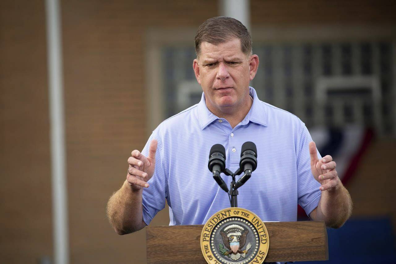 FILE - Secretary of Labor Marty Walsh speaks before President Joe Biden at a United Steel Workers of America Labor Day event in West Mifflin, Pa., Monday Sept. 5, 2022. The NHL Players’ Association has hired U.S. Secretary of Labor Marty Walsh as its new executive director. The union said Thursday, Feb. 16, 2023, its executive board with representatives from all 32 clubs unanimously approved Walsh’s appointment. Walsh will begin his new role in mid-March.(AP Photo/Rebecca Droke, File)