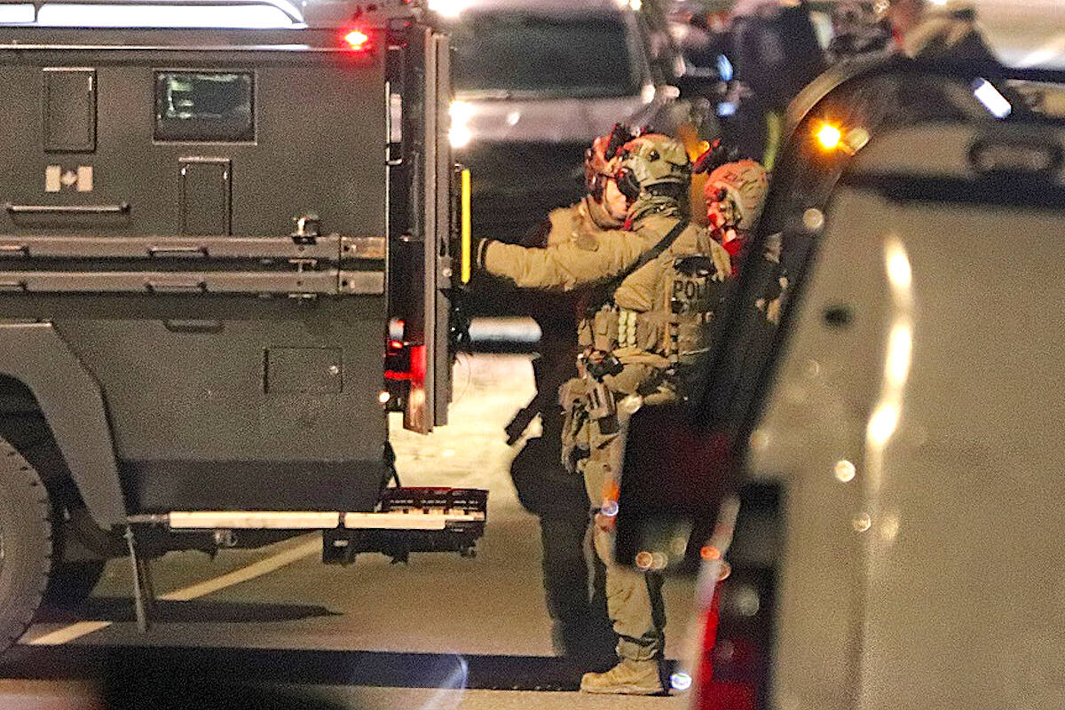 Police were called to the 26700 block of 30A Avenue around 11 p.m. on Monday, Feb. 20, to investigate a report of a distraught man. After a four-hour standoff, the incident ended peacefully with one person transported to hospital for ‘further assessment.’(Shane MacKichan/Special to Langley Advance Times)