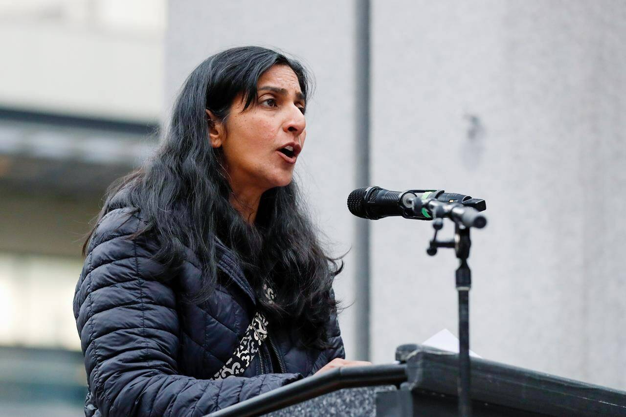FILE - Councilmember Kshama Sawant speaks at a rally at Westlake Park in Seattle, Tuesday, May 3, 2022, in response to the news that the U.S. Supreme Court could be poised to overturn the landmark Roe v. Wade case that legalized abortion nationwide. One of Sawant’s earliest memories of the caste system was hearing her grandfather – a man she “otherwise loved very much” – utter a slur to summon their lower-caste maid. Now an elected official in a city thousands of miles from India, she has proposed an ordinance to add caste to Seattle’s anti-discrimination laws. (Jennifer Buchanan/The Seattle Times via AP)
