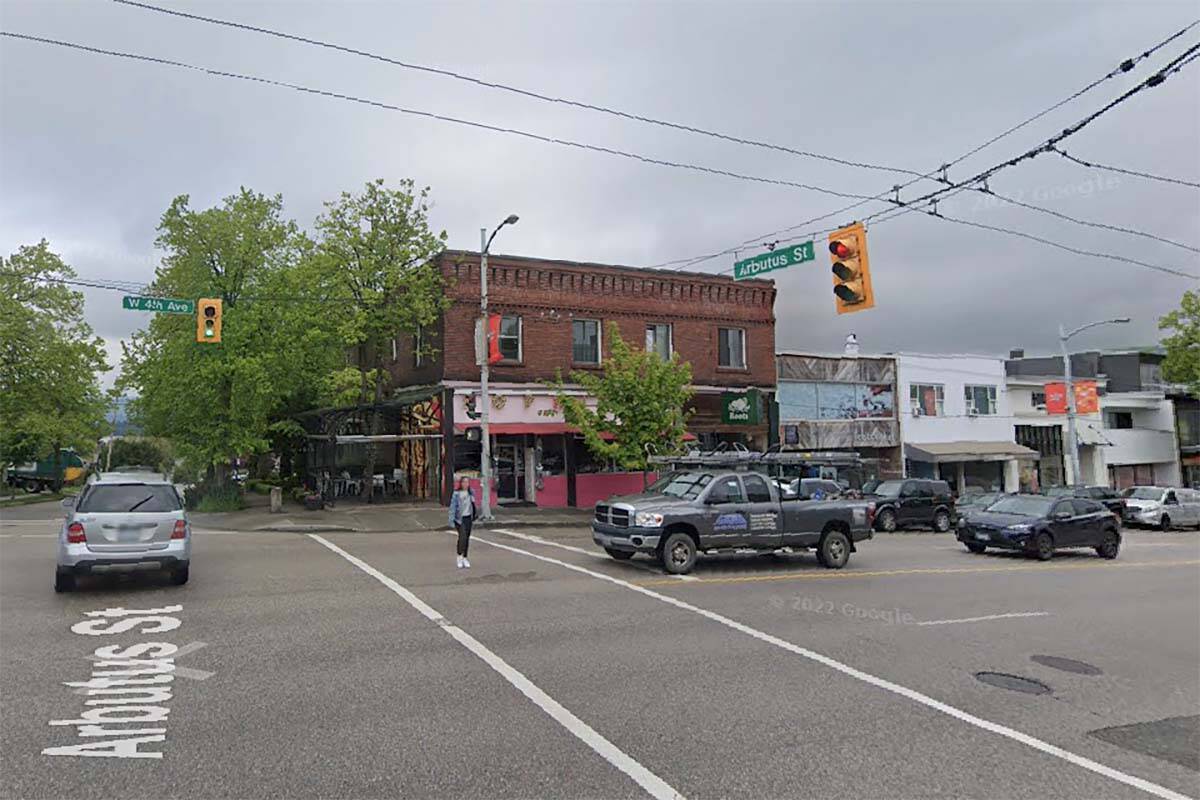 A 26-year-old has been charged with criminal negligence causing death in connection with a June 19, 2022 hit-and-run at the intersection of West 4th Avenue and Arbutus Street in Kitsilano. (Google Streetview)