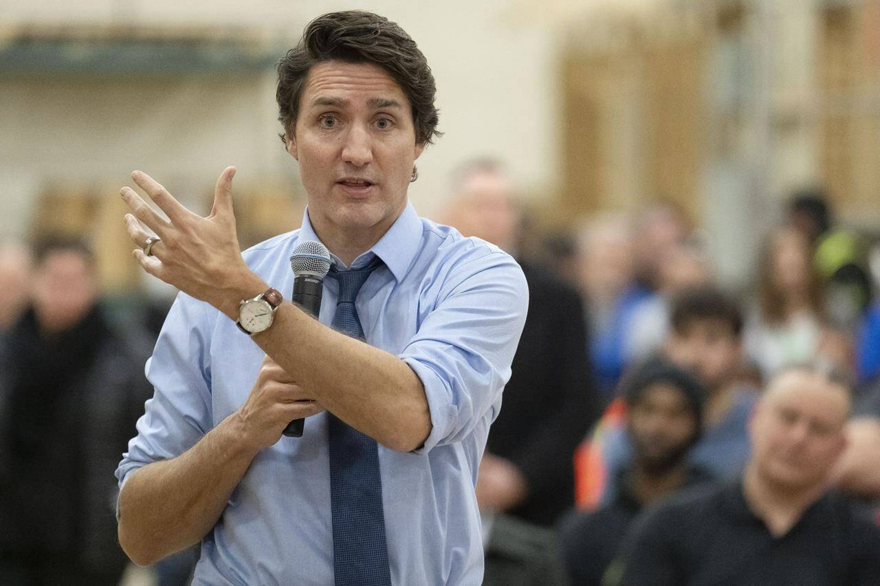 Prime Minister Justin Trudeau holds a town hall event with the carpenters’ union in Woodbridge, Ont., on Tuesday, February 21, 2023. THE CANADIAN PRESS/Chris Young