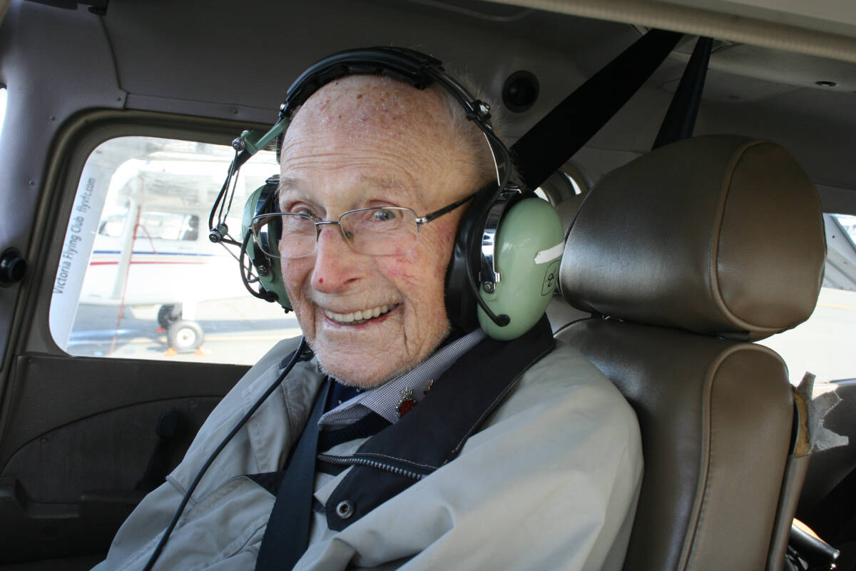At 102 years old, Peter Chance had the opportunity to take to the skies again – and even take the controls – thanks to friend Paul Seguna and the Victoria Flying Club. (Courtesy of Paul Seguna)