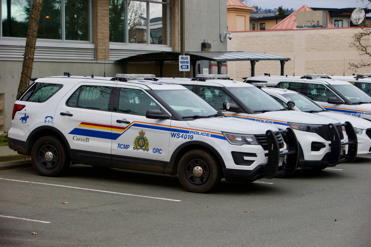 Bike patrol officers with the West Shore RCMP arrested two Tuesday (Feb. 21) for possession of stolen property and drugs after they were found riding a stolen hospital wheelchair along the Galloping Goose Regional Trail. (Justin Samanski-Langille/News Staff)