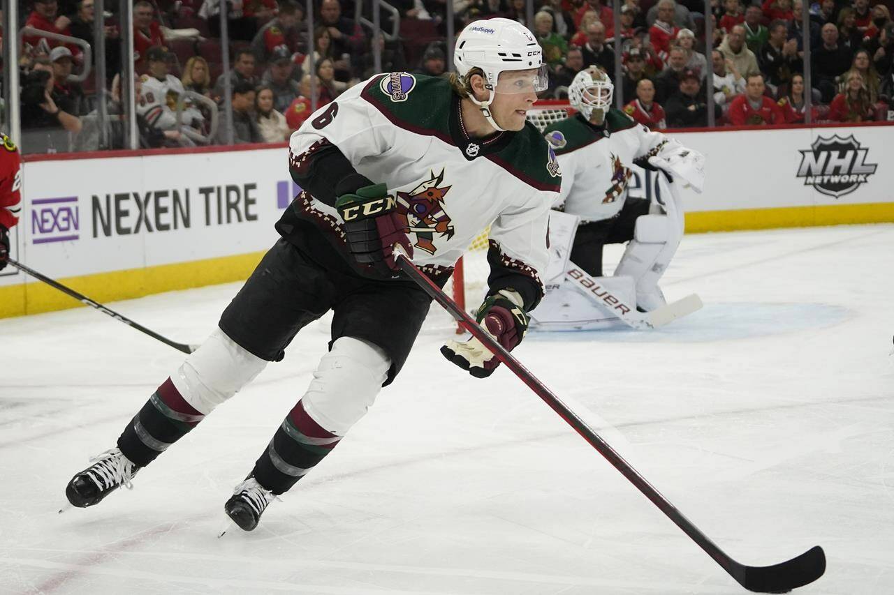 Arizona Coyotes defenseman Jakob Chychrun (6) plays against the Chicago Blackhawks during an NHL hockey game, Feb. 10, 2023, in Chicago. A handful of big moves have already been made well ahead of the NHL trade deadline. Still plenty more are expected before Friday afternoon at 3 p.m. Eastern time. Chychrun is likely to be traded with bidders lining up. (AP Photo/David Banks)