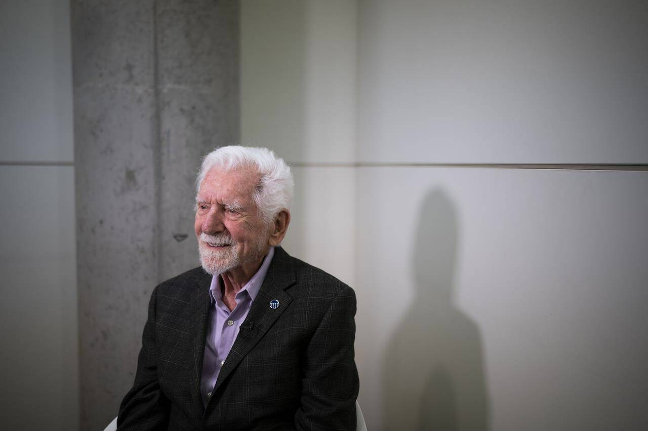 Marty Cooper, the inventor of first commercial mobile phone, during an interview with The Associated Press during the Mobile World Congress 2023 in Barcelona, Spain, Monday, Feb. 27, 2023. The four-day show kicks off Monday in a vast Barcelona conference center. It’s the world’s biggest and most influential meeting for the mobile tech industry. (AP Photo/Joan Mateu Parra)