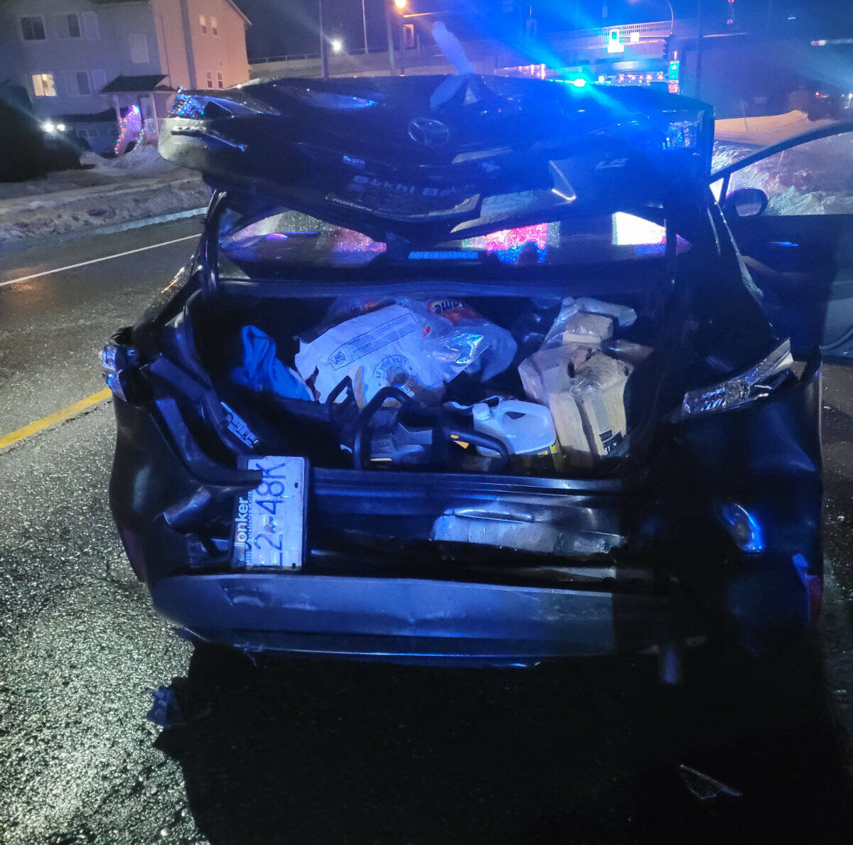 Brianne Giasson’s Toyota on Dec. 25, 2022 after it was rear-ended during an alleged road rage incident involving off-duty RCMP officer Keven Biagioni on Luckakuck Way in Chilliwack. (Brianne Giasson photo)