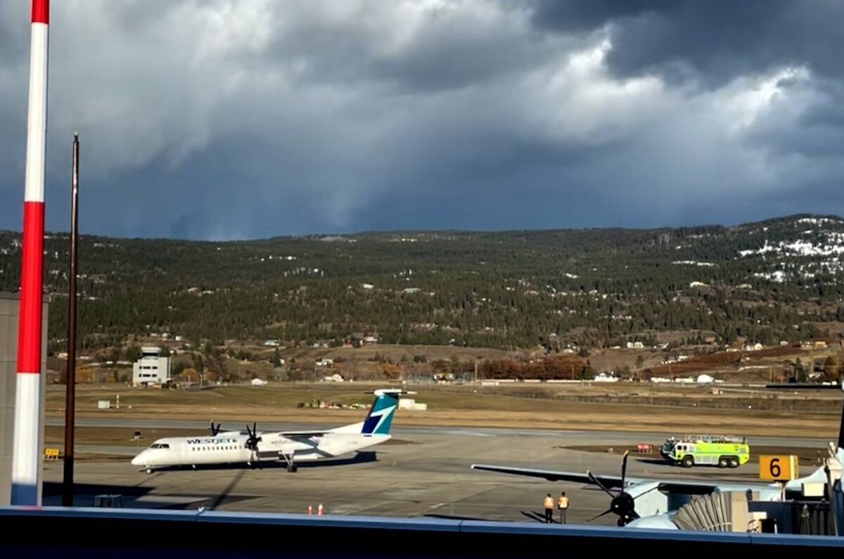 A WestJet flight (pictured) was forced to divert to Kelowna International Airport after an engine fire on March 2. (Gary Barnes/Capital News)
