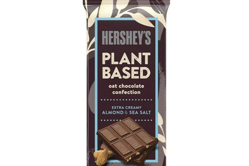 This image provided by The Hershey Company shows the company’s new Hershey’s plant-based extra creamy with almonds and sea salt. The company said Tuesday, March 7, 2023, that Reese’s plant-based peanut butter cups will be its first plant-based chocolate sold nationally when they go on sale in March. A second vegan offering, Hershey’s plant-based extra creamy with almonds and sea salt, will follow in April. (The Hershey Company via AP)