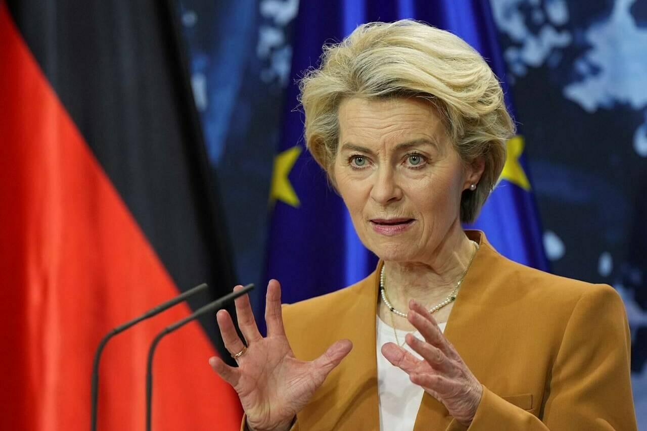 President of the EU Commission Ursula von der Leyen speaks during a joint press conference with German Chancellor Olaf Scholz after the first day of the closed meeting of the German Cabinet in Gransee, Germany, Sunday March 5, 2023. Von der Leyen is in Canada for a short visit aimed at promoting transatlantic ties. THE CANADIAN PRESS/AP-dpa, Soeren Stache