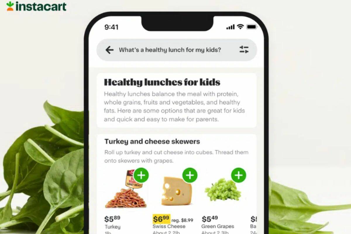 This illustration released by Instacart depicts the grocery delivery company's app which can integrate ChatGPT to answer customers' food questions. (Instacart, Inc. via AP)