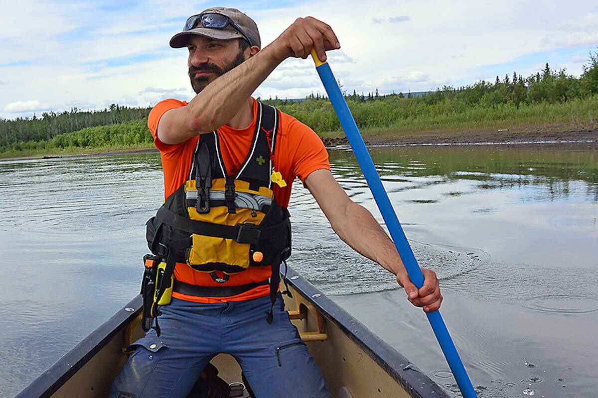 Dr. Alessandro Ielpi, an Assistant Professor with UBC Okanagan’s Irving K. Barber Faculty of Science, paddles the Stewart River in Yukon. (UBCO)