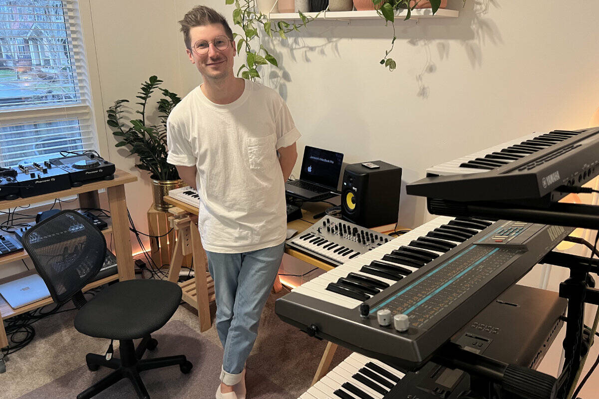 Teen Daze, a.k.a. Jamison Isaak, in his home studio in Chilliwack on Feb. 6, 2023. Teen Daze won a Juno Award on Saturday for Electronic Album of the Year, for his release, Interior. (Paul Henderson/ Chilliwack Progress)