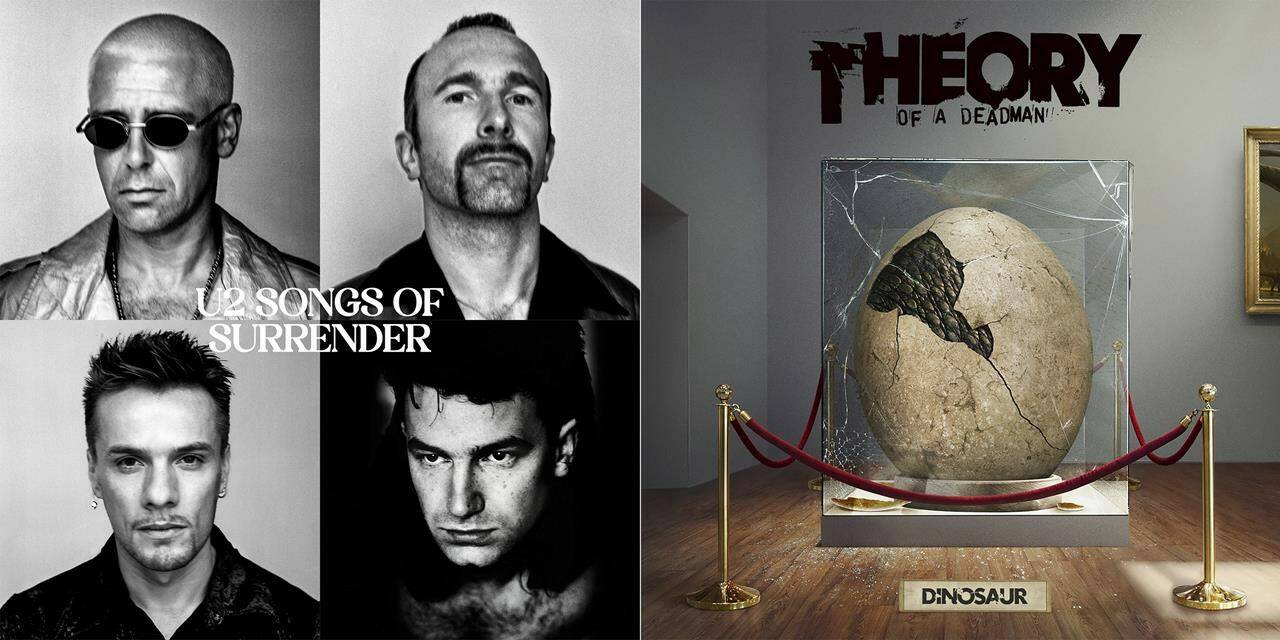 This combination of album cover images shows “Songs Of Surrender,” a collection of 40 U2 songs from across the band’s catalog, re-recorded and reimagined, left, and “Dinosaur” by Theory of a Deadman. (Universal Records/Roadrunner Records via AP)
