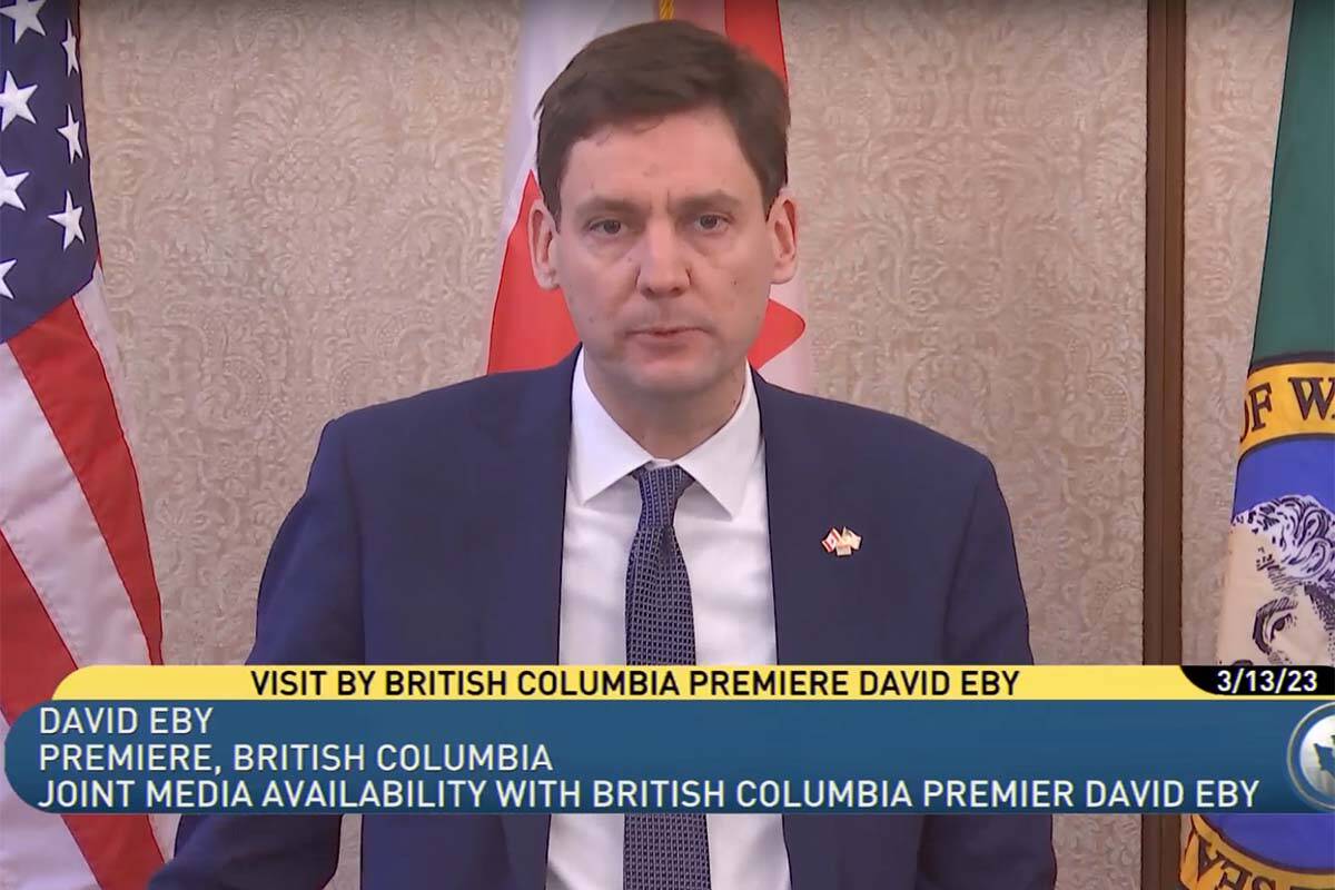 Premier David Eby says the Inflation Reduction Act poses both opportunity and challenge for B.C. during a news conferenc with Washington State Gov. Jay Inslee.
