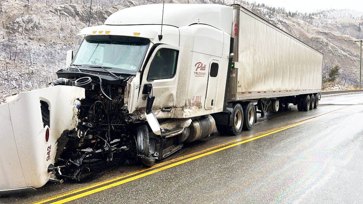 One person died and another was taken to hospital following a collision involving two commercial vehicles and a pickup truck on Highway 5 Thursday (Feb.9). The crash occurred just after noon between Clough Road and Agate Bay Road, south of Barriere. (Skilled Truckers Canada photo)