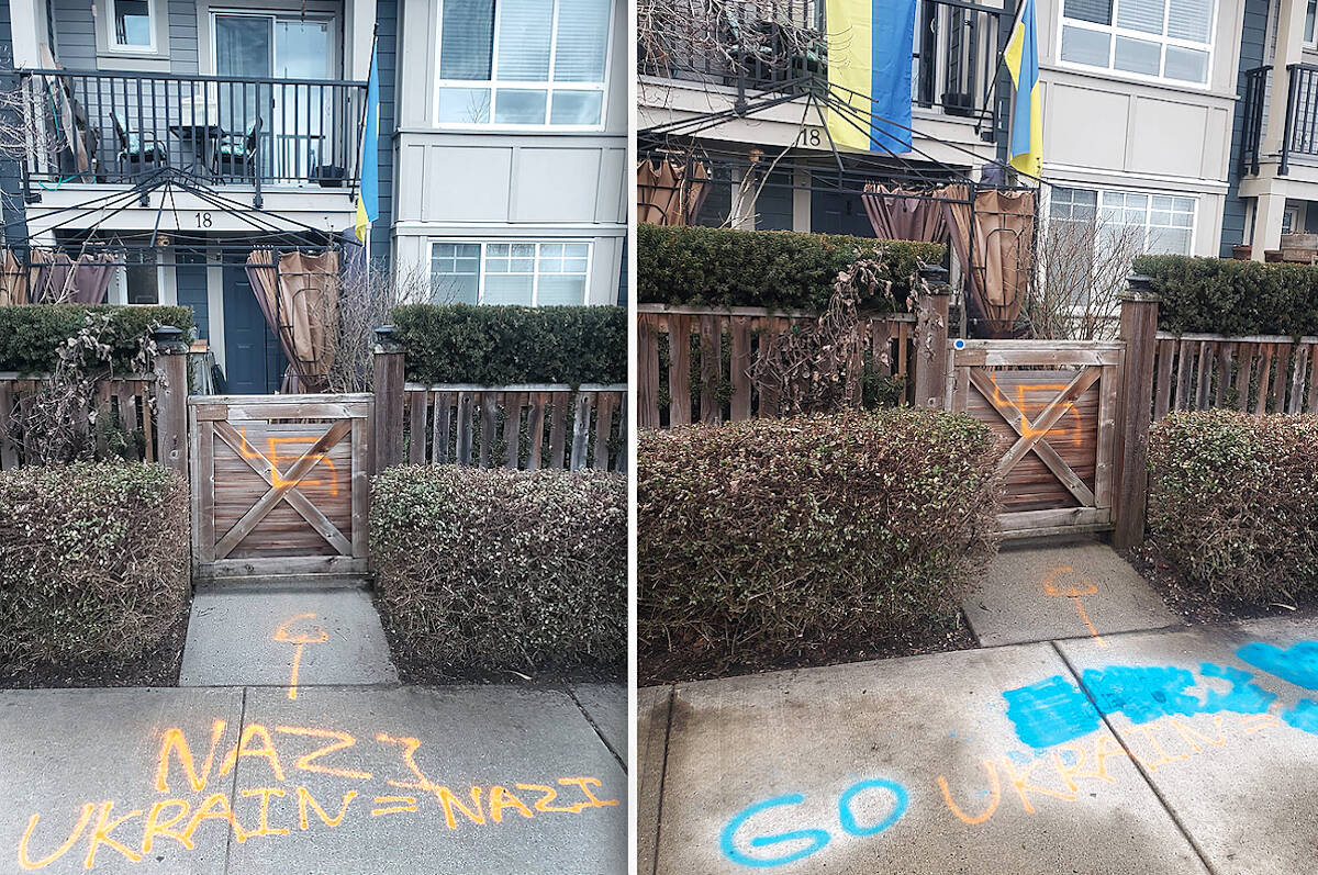 Someone spray painted a swastika and anti-Ukraine graffiti (left) at a Langley townhouse on Thursday, March 9. The next day, someone else painted out part of the message (right) and converted the rest into a pro-Ukraine comment. (Courtesy Kiersten Bisgaard)