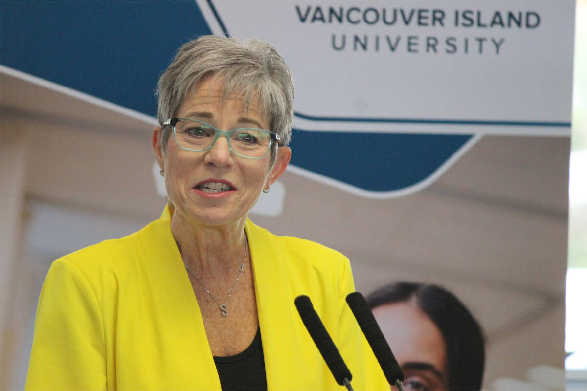Selina Robinson, B.C.’s minister of post-secondary education, announces the expansion of the province’s tuition waiver program for former youths in care at a press conference Tuesday, March 14, at Vancouver Island University. (Karl Yu/News Bulletin)