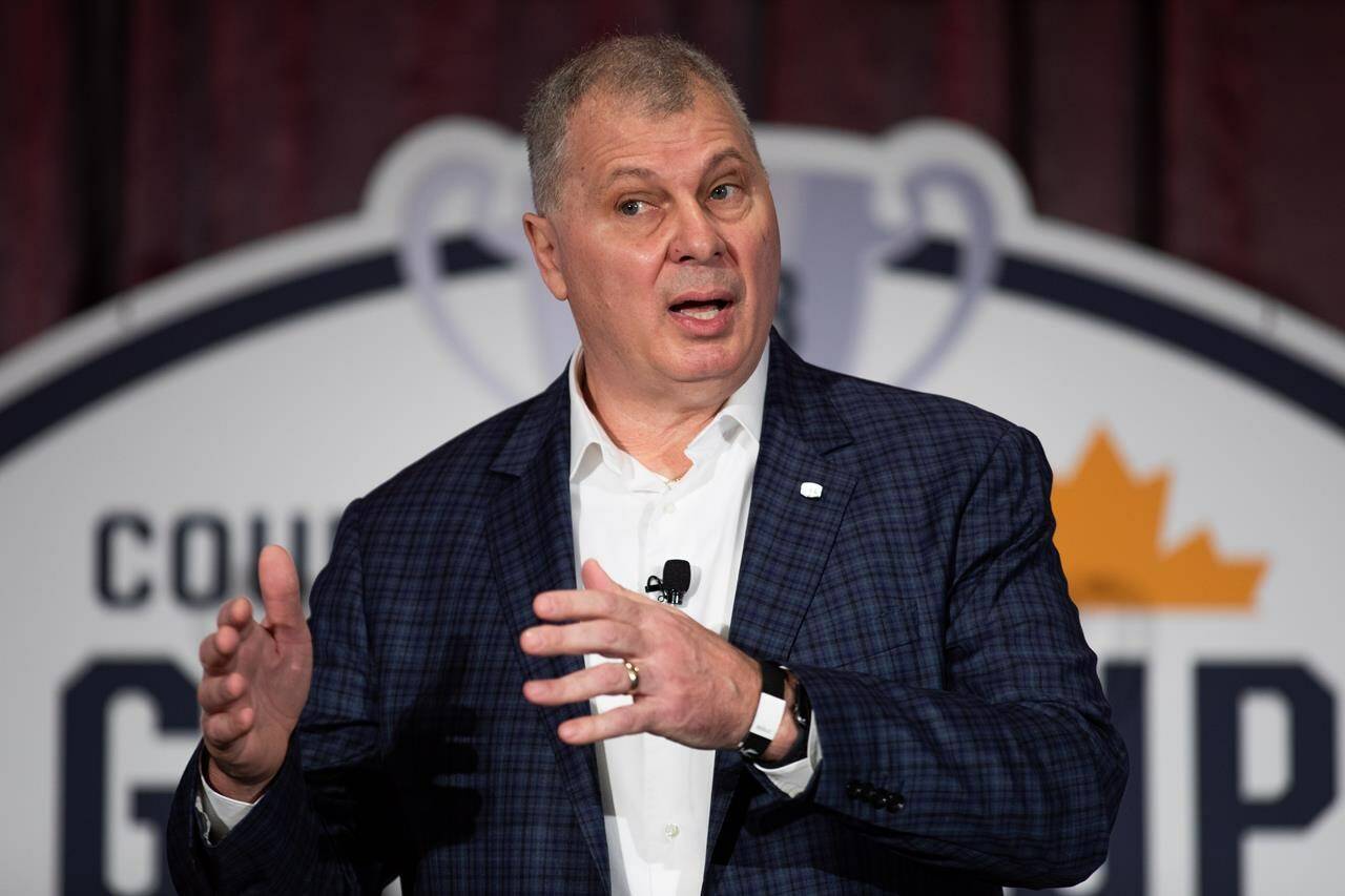 CFL commissioner Randy Ambrosie delivers his state of the league media address at the Hamilton Convention Centre, in Hamilton, Ontario on Friday, December 10, 2021. The 2025 Grey Cup game will be played at Winnipeg’s IG Field. The CFL made the official announcement Tuesday. THE CANADIAN PRESS/Nick Iwanyshyn