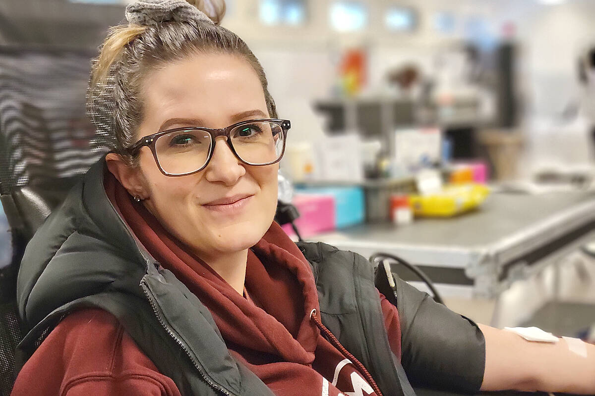 For her father’s birthday, Christine Fritz made a donation at the Canada Blood Services Clinic in Walnut Grove on Saturday, March 11. It was her eighth contribution. (Dan Ferguson/Langley Advance Times)