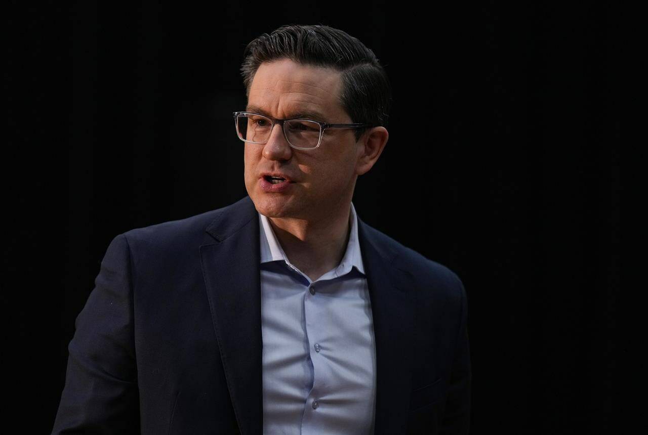 Conservative Leader Pierre Poilievre steps away from the microphone after an announcement and news conference, in New Westminster, B.C., on Tuesday, March 14, 2023. Poilievre says that if he became prime minister, he would sue pharmaceutical companies as a way to fund drug treatment ⁠— but he won’t say what he would do about supervised consumption sites. THE CANADIAN PRESS/Darryl Dyck