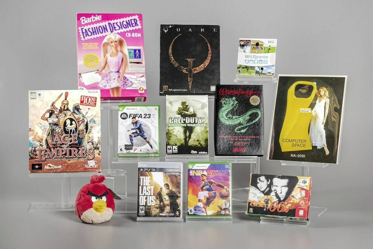 This undated photo shows the 12 finalists being considered for induction into the World Video Game Hall of Fame in May. They are: Age of Empires, Angry Birds, Barbie Fashion Designer, Call of Duty 4: Modern Warfare, Computer Space, FIFA International Soccer, GoldenEye 007, The Last of Us, NBA 2K, Quake, Wii Sports and Wizardry. (Photo Courtesy of The Strong Museum via AP)