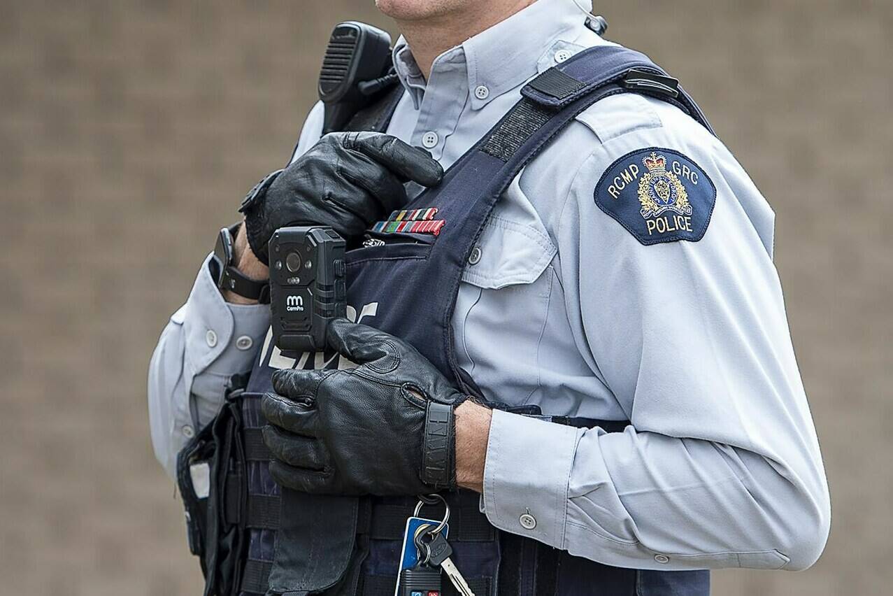 An RCMP officer wears a body camera at the detachment in Bible Hill, N.S. on Sunday, April 18, 2021. Alberta plans to require all police services in the province to wear the devices.THE CANADIAN PRESS/Andrew Vaughan