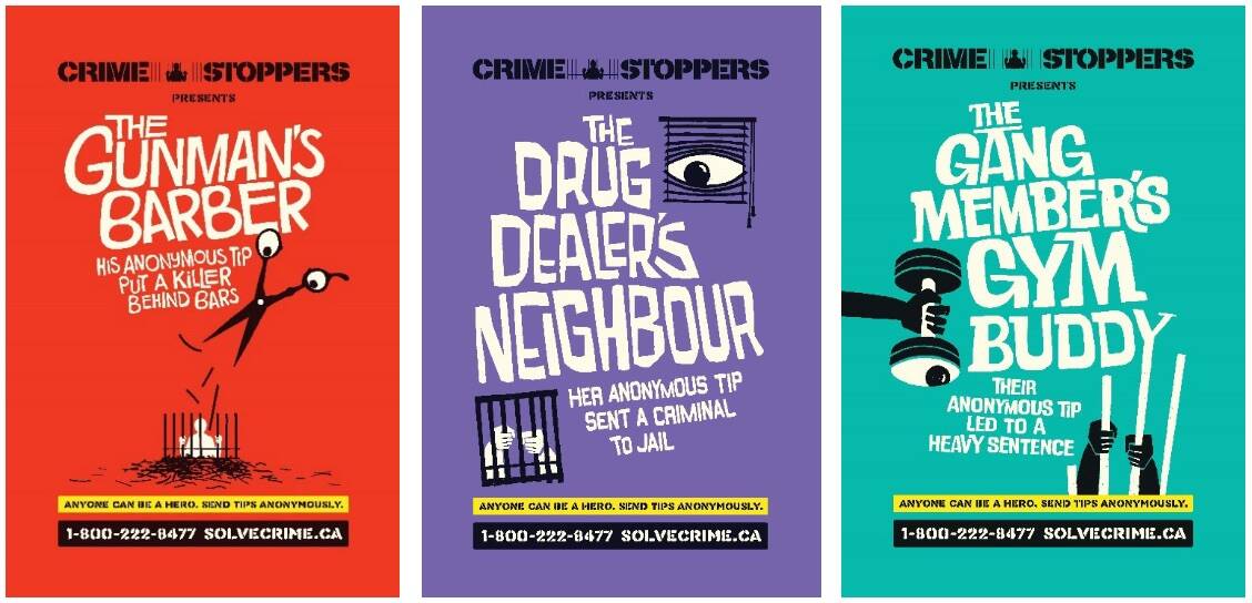 Three movie poster-style graphics in the latest Metro Vancouver Crime Stoppers ad campaign. (Submitted images)