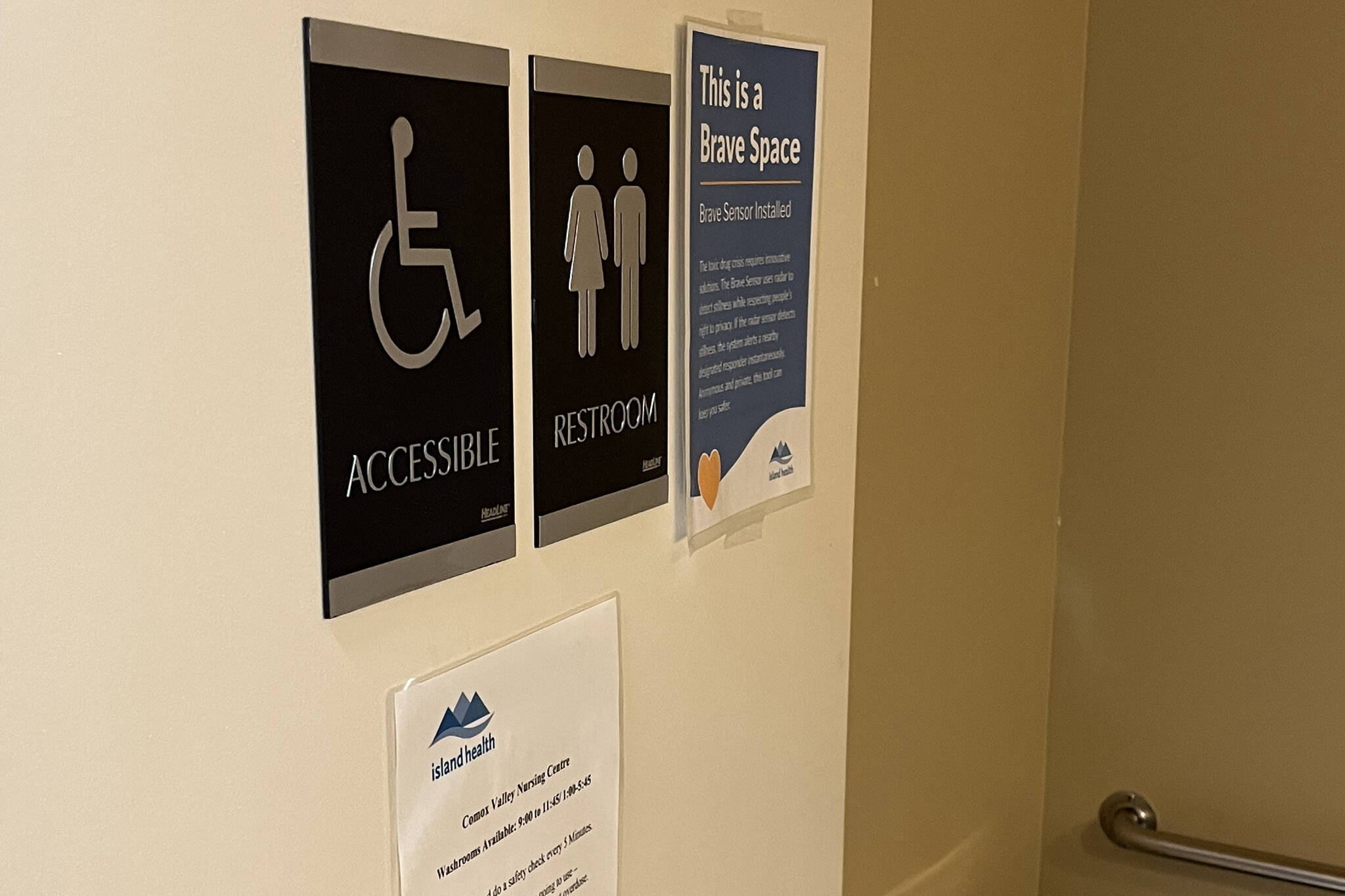 Island Health demonstrated the technology at the Comox Valley Nursing Centre in Courtenay March 15 as part of a trial in a group of washrooms identified high-risk spaces for drug poisonings. Photo by Erin Haluschak