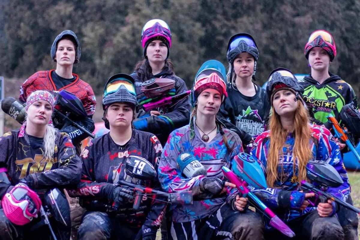 The Northern Lights is the first women’s professional paintball team in Canada. From top left clockwise: Hannah Urquhart, Kate Evingston, Erin Scott, Kenna Lozinski, Tessa Osterhage, Amanda Renardy, Ainslie Young, Heather Brown. (Credit: 4TL Media)