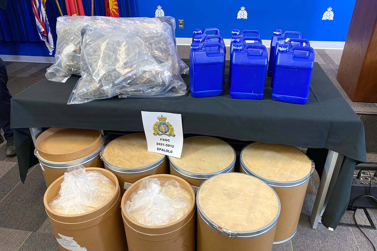 BC RCMP seized large amounts of psilocybin mushrooms, and precursor chemicals used to produce fentanyl and MDMA in two recent Metro Vancouver drug busts. (Jane Skrypnek/Black Press Media)