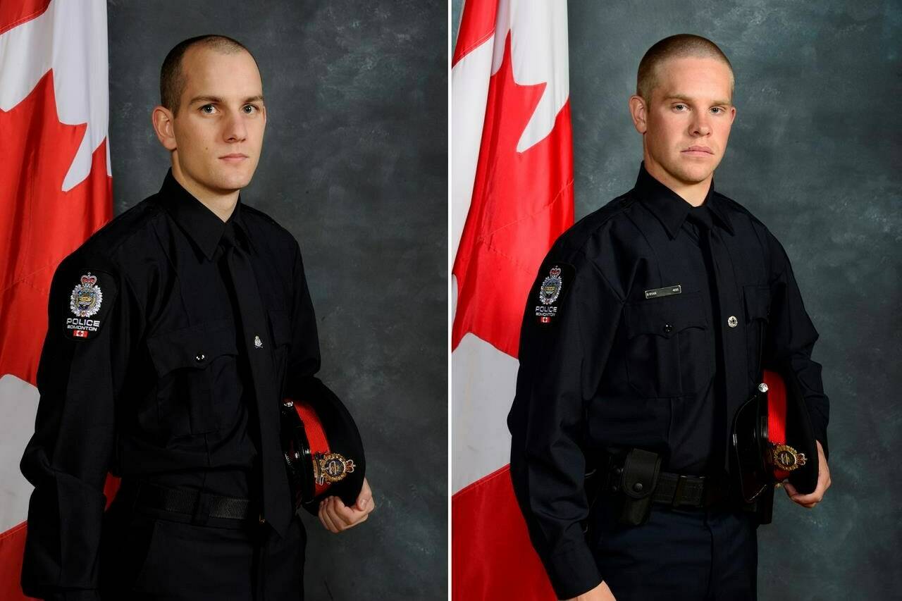 Edmonton Police Const. Travis Jordan, left, and Const. Brett Ryan are seen in a composite image made from two undated handout photos. Jordan, 35, an 8 1/2-year veteran with the Edmonton force, and Ryan, 30, who had been with the service for 5 1/2 years, were shot and killed responding to a domestic violence call. THE CANADIAN PRESS/HO-Edmonton Police Service