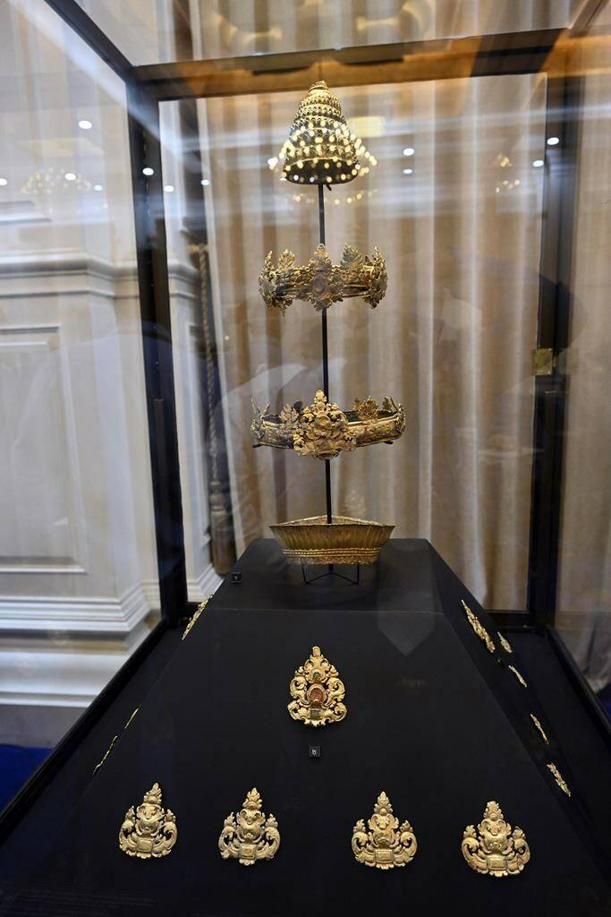 In this photo provided by Kok Ky/Cambodia’s Government Cabinet, jewelries are displayed during a handing over ceremony at Peace Palace, in Phnom Penh, Cambodia, Friday, March 17, 2023. Centuries-old cultural artifacts that had been illegally smuggled out from Cambodia were welcomed home Friday at a celebration led by Prime Minister Hun Sen, who offered thanks for their return and appealed for further efforts to retrieve such stolen treasures.(Kok Ky/Cambodia’s Government Cabinet via AP)