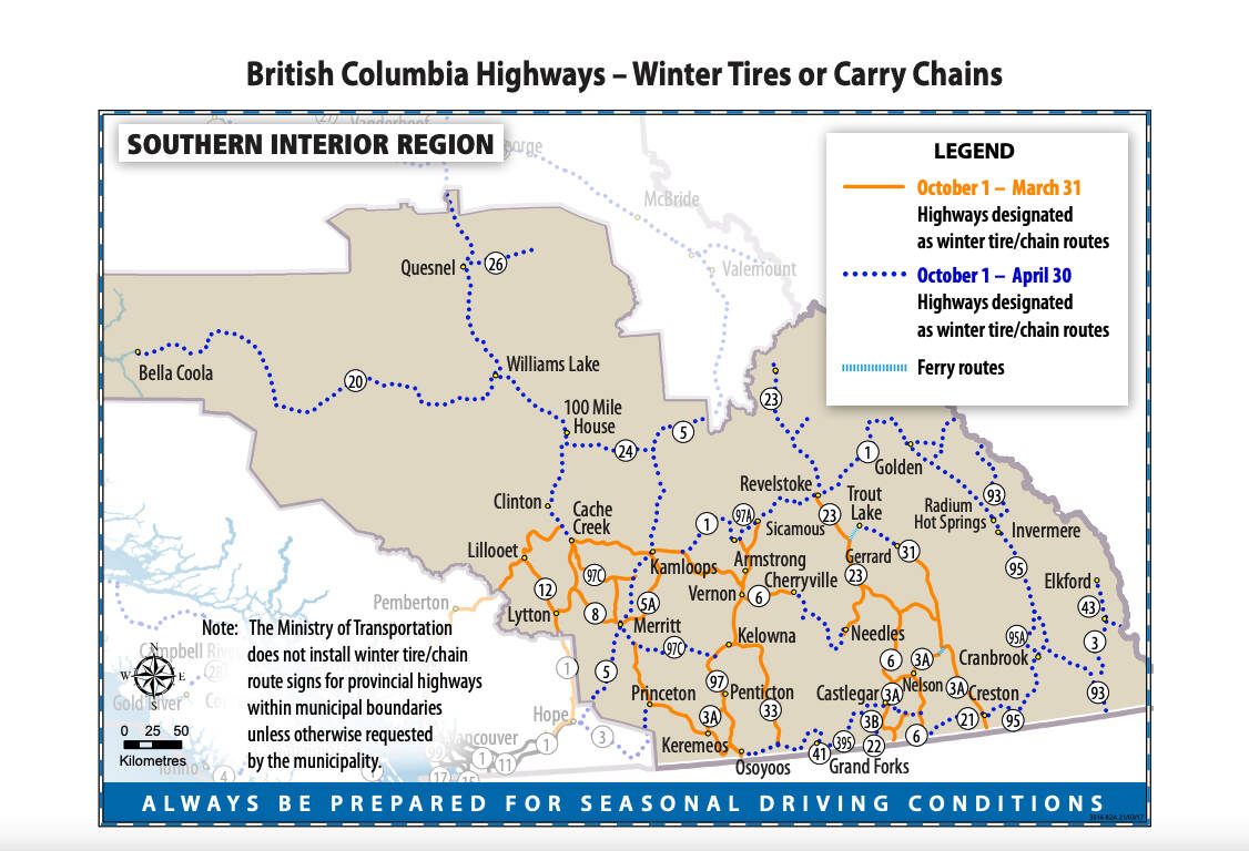 While most Lower Mainland routes don’t require winter tires past March 31, anyone heading north or into the Interior should keep them on until April 30. Ministry of Transportation and Infrastructure file.