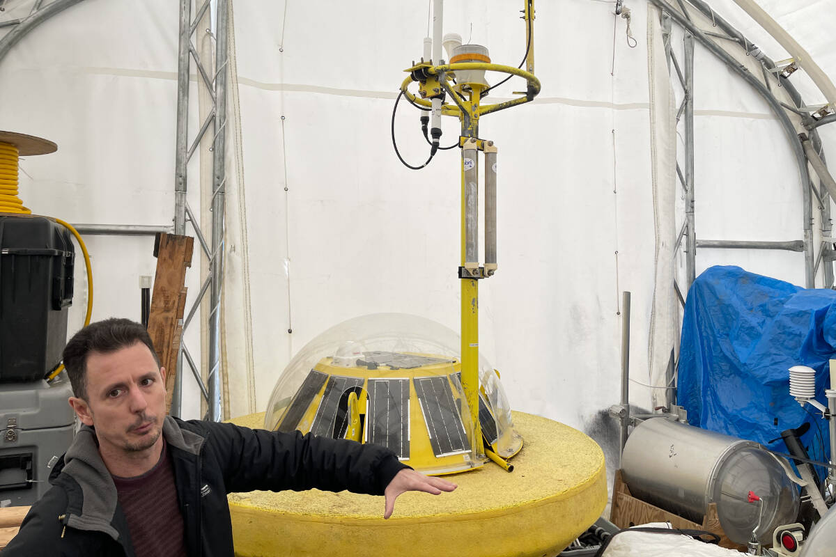 Program manager Ben Whitby shows a similar type of buoy-based wave data collection platform to the one that will be deployed in the waters off Yuquot at the University of Victoria’s Pacific Regional Institute for Marine Energy Discovery (PRIMED) lab in North Saanich March 3. (Austin Westphal/News Staff)
Program manager Ben Whitby shows a similar type of buoy-based wave data collection platform to the one that will be deployed in the waters off Yuquot at the University of Victoria’s Pacific Regional Institute for Marine Energy Discovery (PRIMED) lab in North Saanich March 3. (Austin Westphal/News Staff)