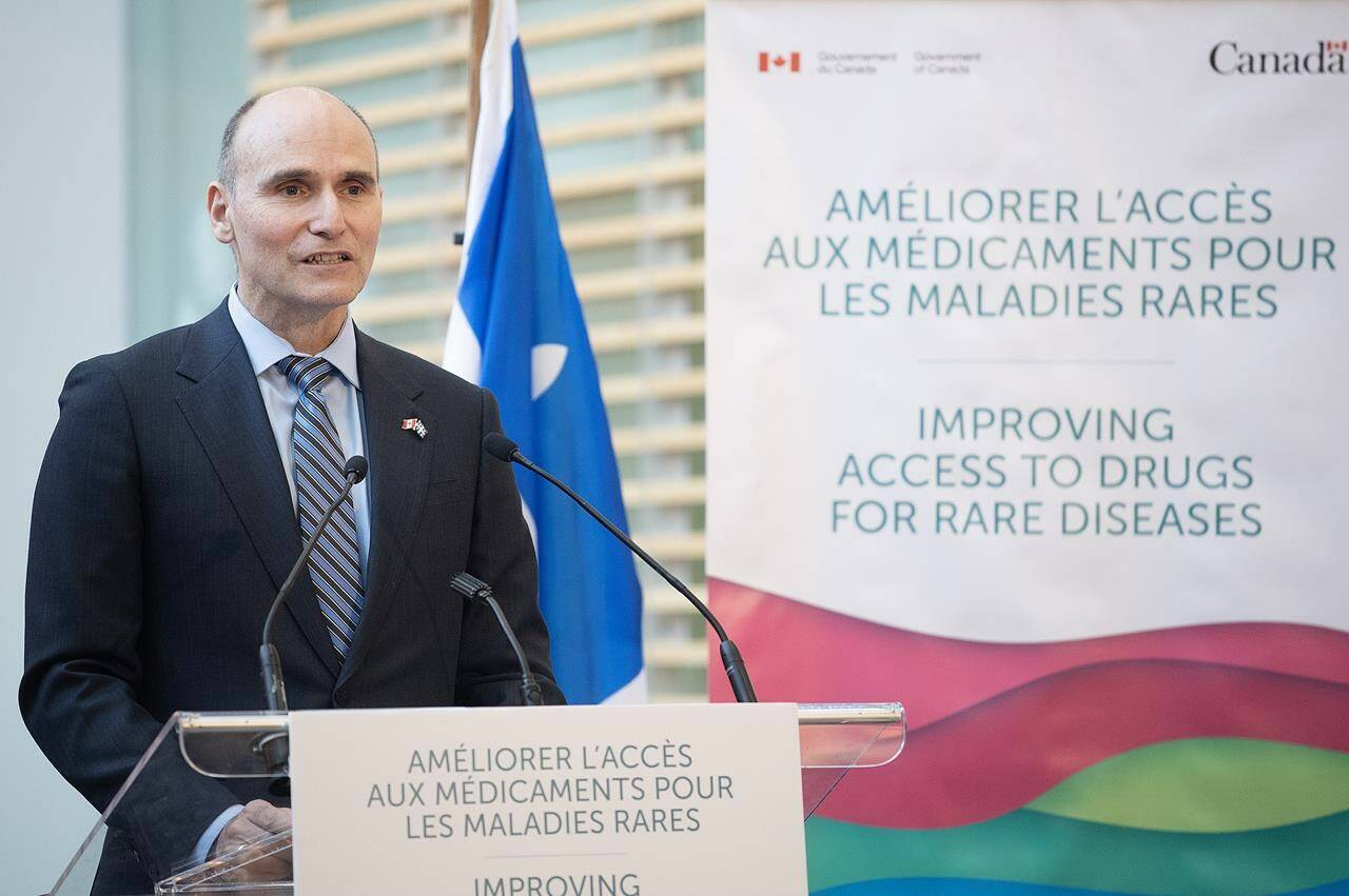 Federal Health Minister Jean-Yves Duclos speaks at a news conference in Montreal, Wednesday, March 22, 2023, during which he announced details for a national strategy for drugs for rare diseases. THE CANADIAN PRESS/Graham Hughes