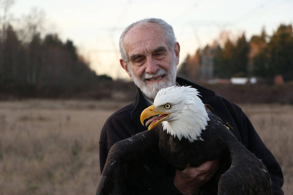 Local biologist David Hancock with a bald eagle. (Hancock Wildlife Foundation photo)