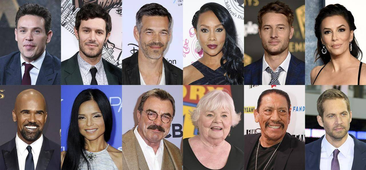 This combination of photos shows actors who have appears on the daytime series “The Young and the Restless,” top row from left, Kevin Alejandro, Adam Brody, Eddie Cibrian, Vivica A. Fox, Justin Hartley, Eva Longoria, bottom row from left, Shemar Moore, Victoria Rowell, Tom Selleck, June Squibb, Danny Trejo and Paul Walker. (AP Photo)