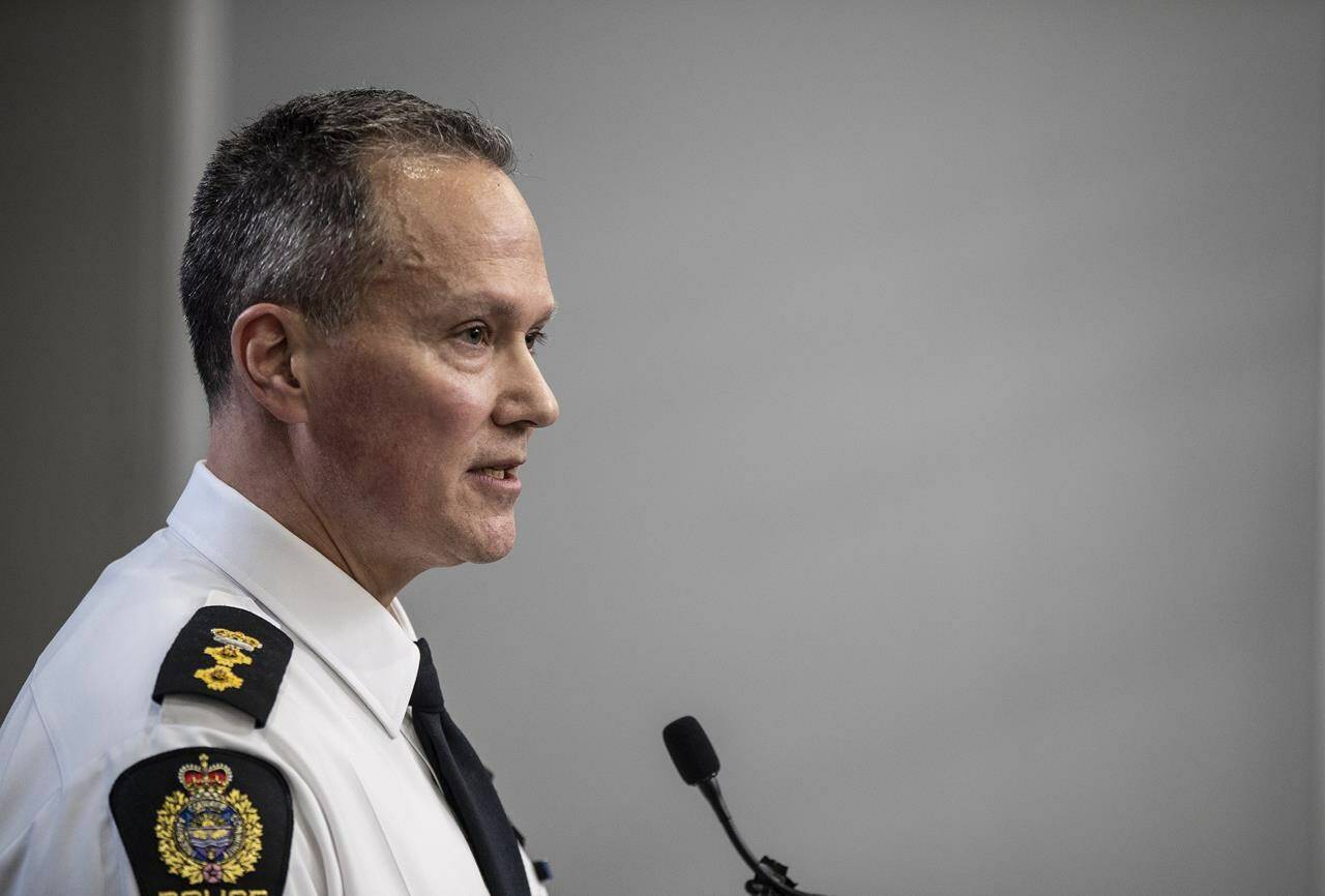 Deputy Chief Devin Laforce speaks about the details of the shooting that killed two police officers during a press conference in Edmonton, Friday, March 17, 2023. Edmonton police say a 16-year-old boy who shot and killed two officers on March 16 had been apprehended in November under the Mental Health Act and taken to hospital for assessment. THE CANADIAN PRESS/Jason Franson